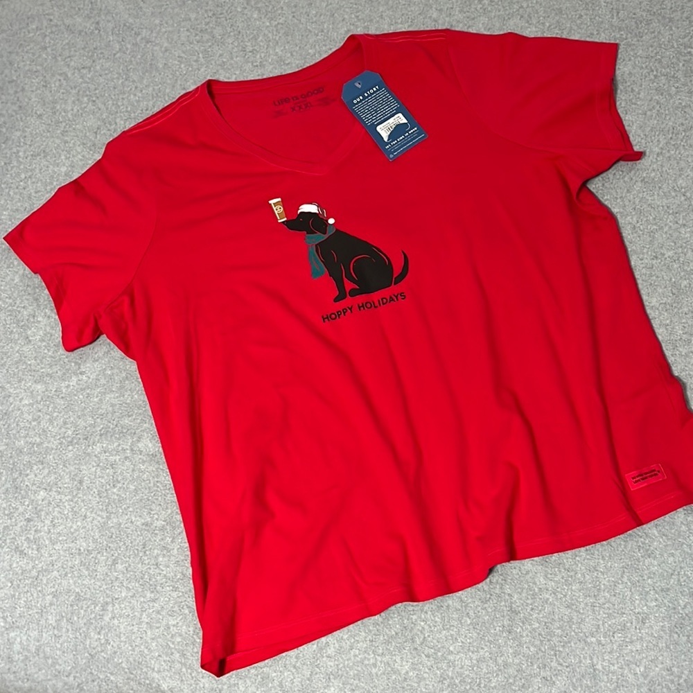 Life Is Good Crusher Dog Top Tshirt Womens XXXL Christmas Holidays Red